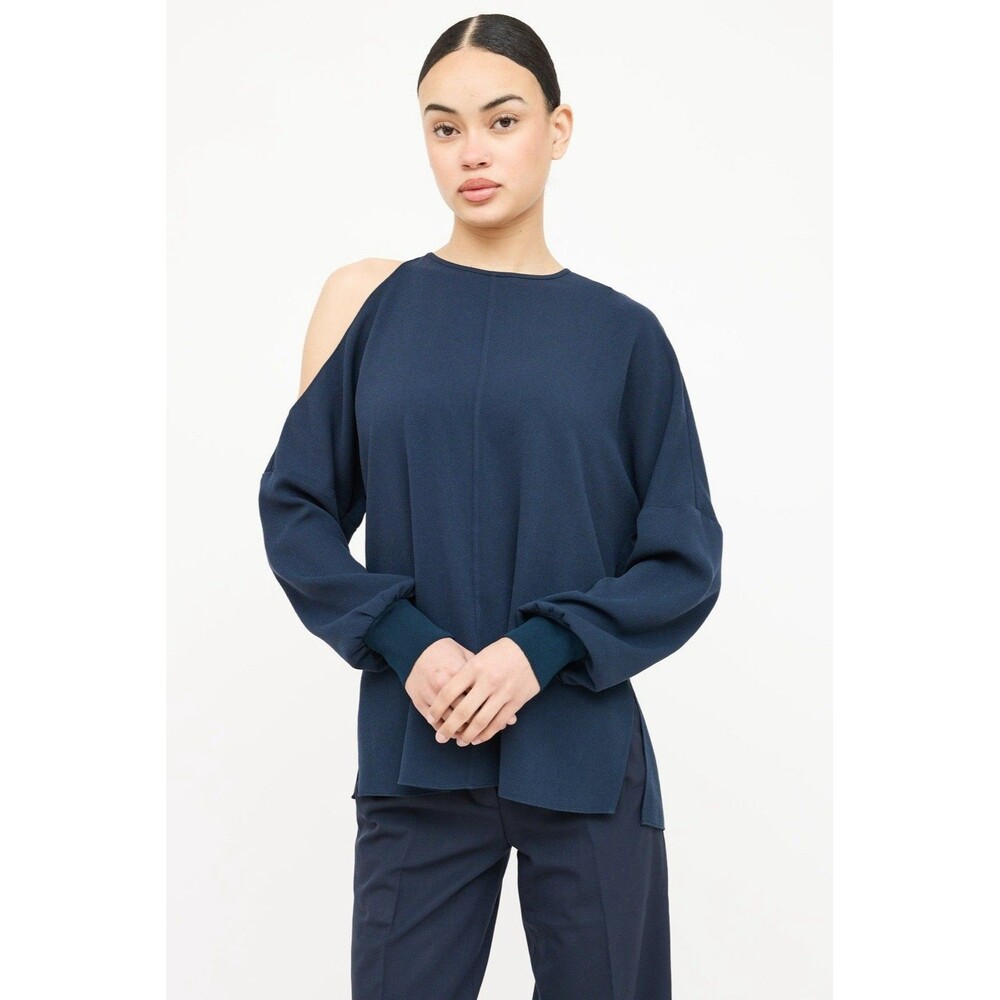 Tibi Asymmetrical Off The Shoulder Top Navy Blue Long Sleeve Women’s Size S NWT